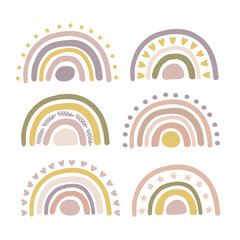 Hand drawn boho nursery rainbow vector illustration set. Cute design for baby shower, kids and baby clothes print, poster for nursery room, card.
