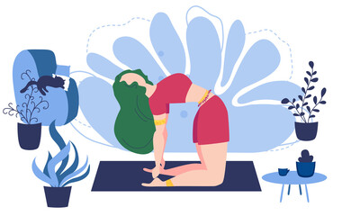 Relaxed young woman enjoying rest. Girl meditates. Trendy flat cartoon style. Meditation at Home