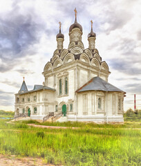 Fototapeta na wymiar Beautiful russian ancient cathedral colorful painting looks like picture