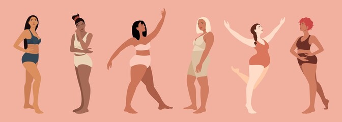 Multiracial women dressed in lingerie isolated characters. Happy girls. Body positive. Love your body. Vector cartoon flat illustration.