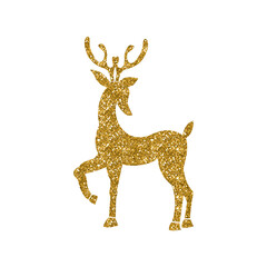 Christmas glitter golden deer on white background in vintage style for fabrics, paper, textile, gift wrap. Cold icon with deer