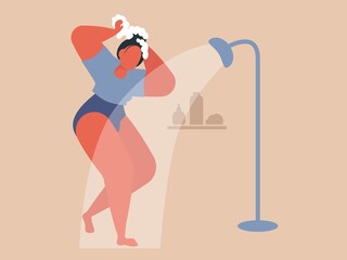 Fototapeta na wymiar Woman taking shower. Cool vector flat design illustration on daily routine with confident adult female character covered in soap foam having a shower in bathroom.
