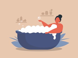 Woman taking a bath. Relaxing girl in bathroom. Flat style vector illustration.