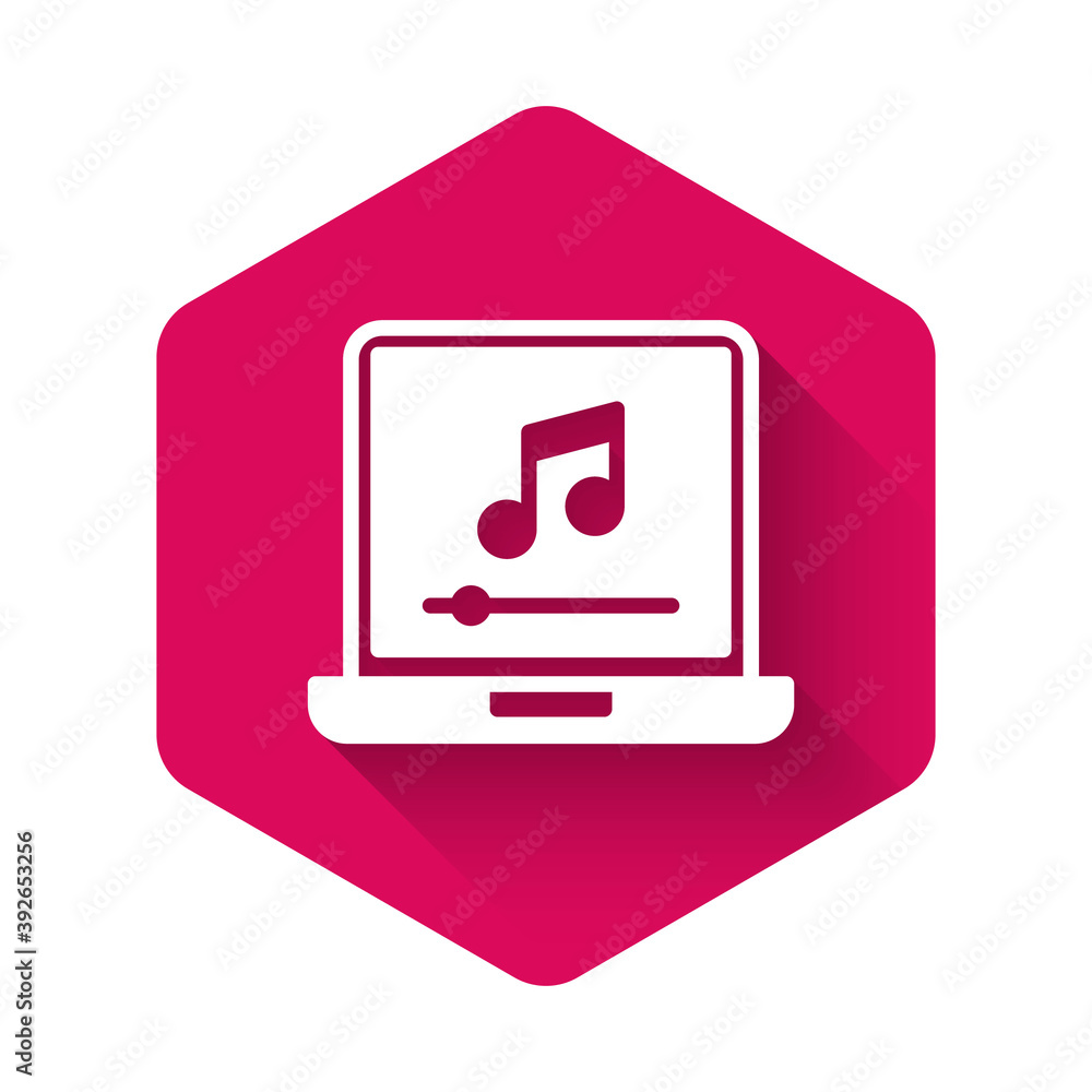 Poster white laptop with music note symbol on screen icon isolated with long shadow. pink hexagon button. v