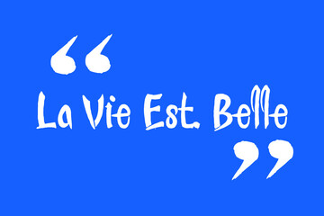 La Vie Est. Belle Handwritten Calligraphy White Color Text On Blue Background