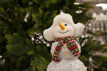 New year, fancy Christmas tree, snowman decoration