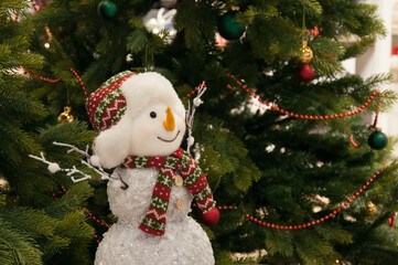 New year, fancy Christmas tree, snowman decoration