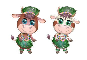 A pair of cute cartoon bull and cow with beautiful eyes is the character of a Hawaiian hula dancer among leaves