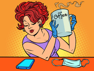 The woman in quarantine in a coffee shop, a medical mask and gloves