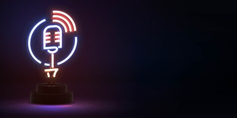 Vector realistic isolated neon sign of On Air Microphone with copy space for invitation decoration. Concept of podcast and live streaming.