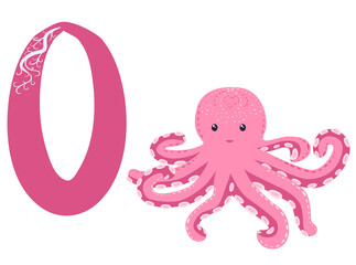 Happy Pink, Turquoise Octopus Cartoon Mascot Character. Marine inhabitants, Scandinavian style, hand drawn