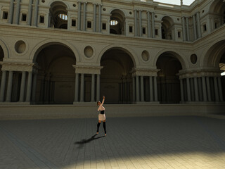 Fototapeta premium Ballet dancer. Picture with a ballet dancer on a temple courtyard, perspective 01. 3d illustration, 3d rendering, 3d art.