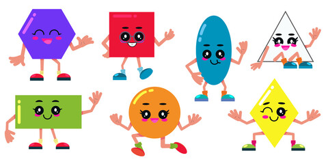 Set of simple shapes. Cartoon comic geometric figures for education. Cute vector illustration isolated on white background.