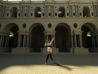 Fototapeta premium Ballet dancer. Picture with a ballet dancer on a temple courtyard, perspective 01. 3d illustration, 3d rendering, 3d art.