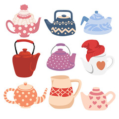A set of teapots with tea. Side view. Colored trendy vector illustration. Hygge style. Flat design. Cartoon. Isolated white background.
