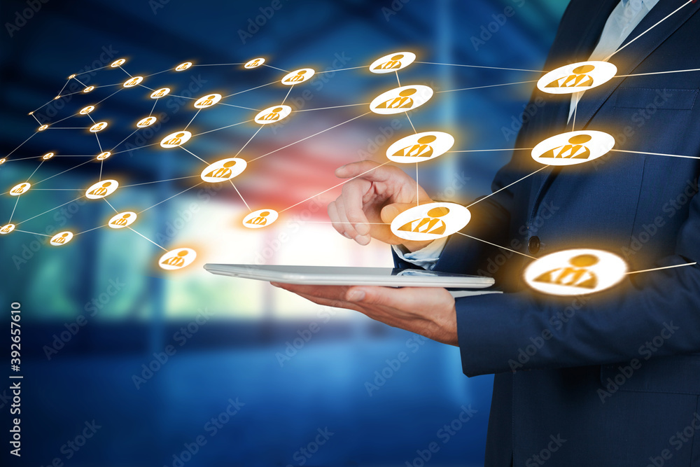 Poster man using tablet and network in the screen