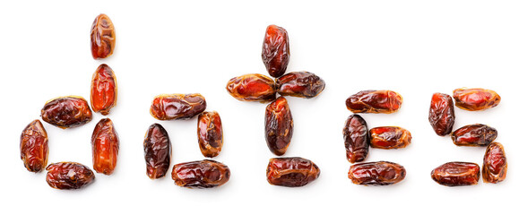 Text from dates fruits on white background, isolated. The view from top