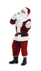 Santa Claus singing with microphone on white background. Christmas music