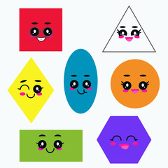 Set of simple shapes. Cartoon comic geometric figures for education. Cute vector illustration isolated on white background.