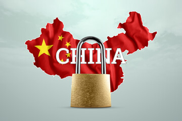 Golden padlock on the background of the map of China and the national flag of China. Isolation...