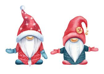 Two hand drawn watercolor gnomes. Christmas gnomes, cute, lovely, hug. Red and green clothes. Nice christmas elements. Merry christmas and happy new year - obrazy, fototapety, plakaty