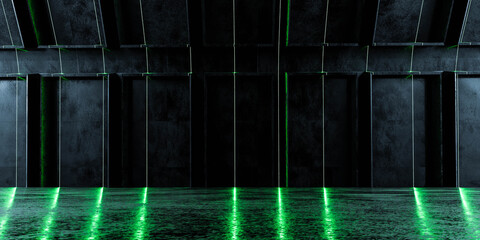 abstract futuristic black metal wall with green light 3d render illustration