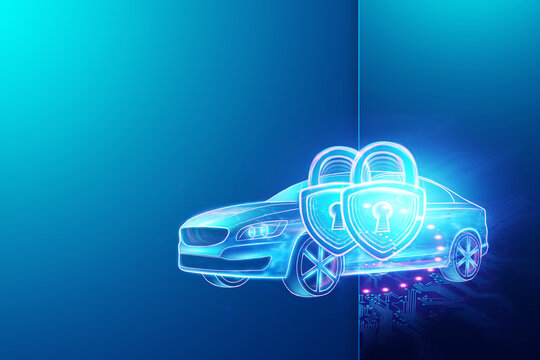 Padlock On The Background Of The Car Hologram On A Blue Background. The Concept Of Alarm, Car Protection, Vehicle Theft. 3D Illustration, 3D Render.