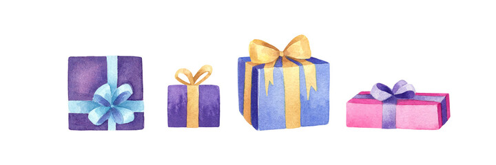 Watercolor bright hand drawn gifts on white background isolated. Violet, blue, pink gifts with cute bows. Christmas elements for your festive design.