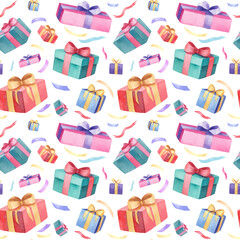 Hand drawn watercolor christmas backgound. Seamless pattern with many gifts, colorful boxex. Lots of falling gifts on white background.