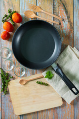 Composition with ingredients for cooking on wooden background, top view