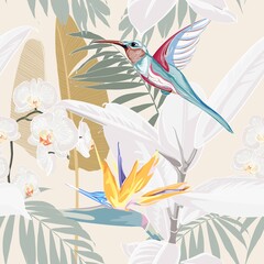 Tropical plants, strelitzia and Colibri bird. Seamless tropical pattern, vintage background. Backdrop with palm bananas leaves, bird and flowers.