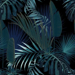 Behang Tropische bladeren Tropische nacht vintage palm, banaan, plant, gouden bladeren, bloemen naadloze grens zwarte achtergrond. Exotisch donker junglebehang.
