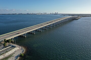 Fototapeta na wymiar Aerial view of Rickenbacker Causeway and bridge between Miami and Key Biscayne, Florida on sunny autumn morning.