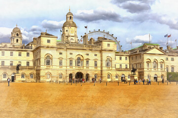 Fototapeta na wymiar View on Horse Guards Parade building colorful painting looks like pictur