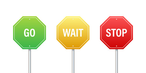 Go, wait, and stop traffic signs. Color set. Vector stock illustration.