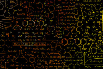 Hand drawn science formulas on chalkboard for background