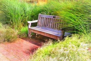 Obraz premium Wooden bench in the park colorful painting