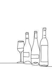 One continuous line drawing, set bottle of wine