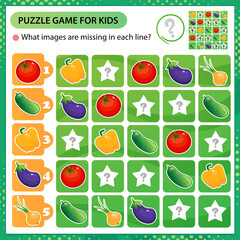 Sudoku puzzle. What images are missing in each line? Vegetables. Pepper, tomato, cucumber, onion, eggplant. Logic puzzle for kids. Game for children. Worksheet vector design for schoolers.