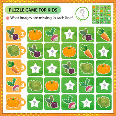 Sudoku puzzle. What images are missing in each line? Vegetables. Cabbage, carrot, beet, radish, pumpkin. Logic puzzle for kids. Game for children. Worksheet vector design for schoolers.
