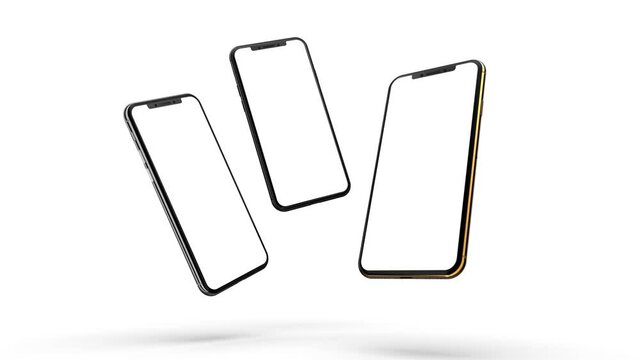 Gold, silver and black smartphones with blank screen, isolated on white background. Template, mockup.	