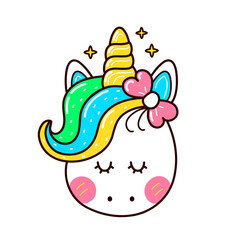 Cute funny unicorn face. Vector flat cartoon