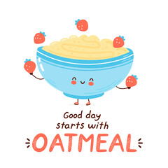 Cute happy funny oatmeal bowl juggle strawberry