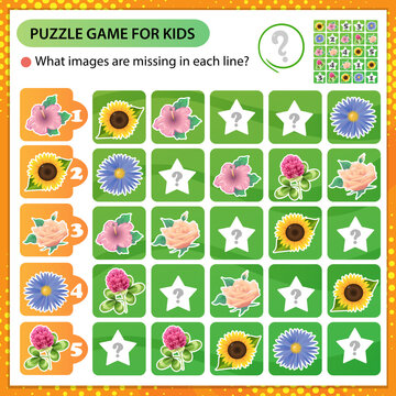 Sudoku puzzle. What images are missing in each line? Flowers. Rose, sunflower, mallow, aster, clover. Logic puzzle for kids. Game for children. Worksheet vector design for schoolers.