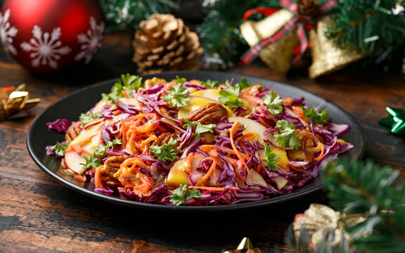 Christmas Red Cabbage Salad With Carrots, Apples And Pecan Nuts, Honey Mustard Dreassing