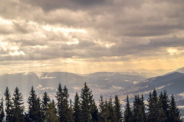 Winter cloudy landscape of the Carpathian Mountains in Eastern Europe	