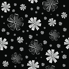 Seamless patterns. Large and small chamomile flowers on a black background. Contrast endless vector illustration.