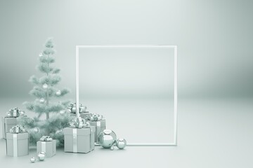 minimalistic blue silver colors background panoramic view with gifts, copy space, copy space,gifts, Christmas tree and frame, placed on side the frame, christmas gift card