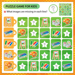 Sudoku puzzle. What images are missing in each line? Easel with drawing, watercolor paint and brush, pencils. Logic puzzle for kids. Game for children. Worksheet vector design for schoolers.