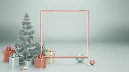 minimalistic blue silver red yellow golden colors background panoramic view with gifts,Christmas tree and frame, copy space, christmas gift card